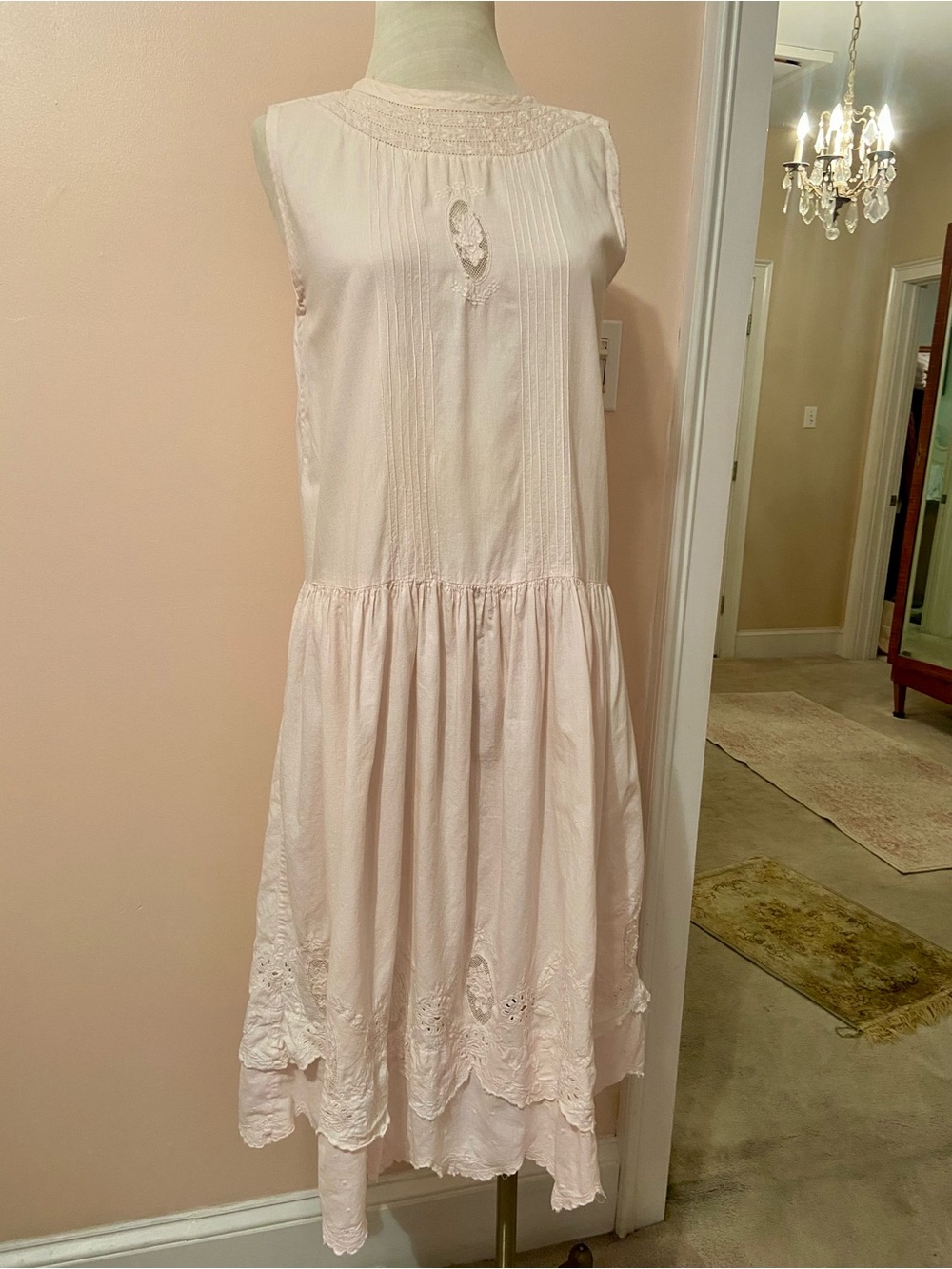 Vintage 1980s Cream Edwardian  Revival Dropwaist Cotton Lace Embroidered Dress